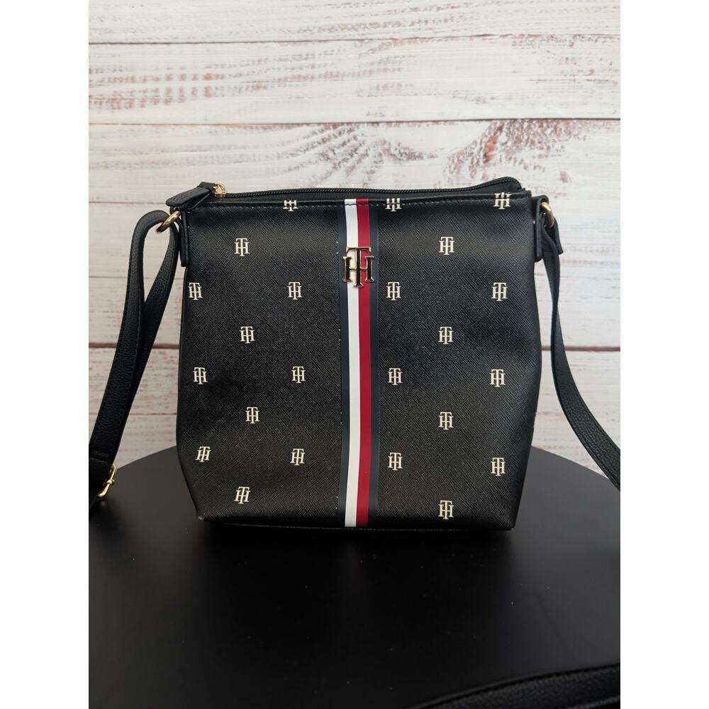 Tommy Hilfiger Crossbody Bag – Black/Gold TH Pattern, Center Stripe, Gold Logo